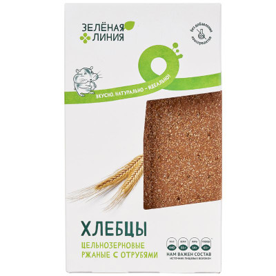Изображение товара Хлебцы Цельнозерновые ржаные с отрубями Зелёная Линия, 160г