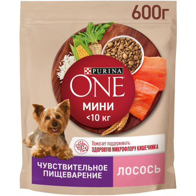 Изображение товара Сухой корм Purina One для собак мелких пород с чувствительным пищеварением с лососем и рисом, 600г