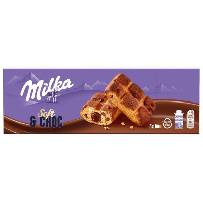 Изображение товара Пирожное Milka бисквитное с шоколадной начинкой и кусочками молочного шоколада, 175г
