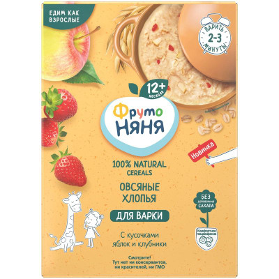 Изображение товара Каша овсяная ФрутоНяня безмолочная сухая с кусочками яблок и клубники, 200г