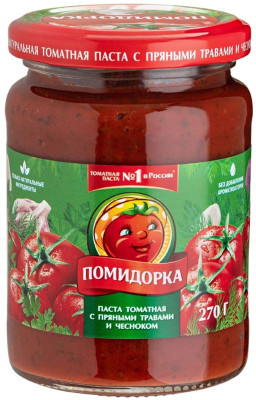 Изображение товара Томатная паста Помидорка с пряными травами и чесноком, 270г