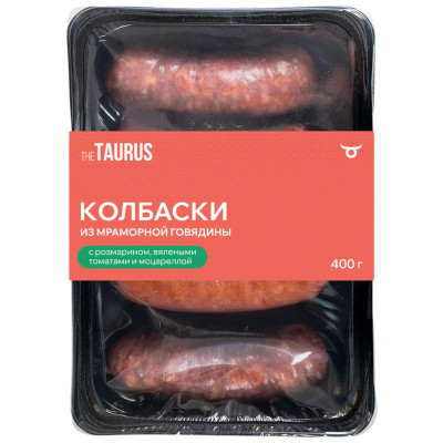 Изображение товара Колбаски Taurus из мраморной говядины с розмарином-вялеными томатами-моцареллой, 400г