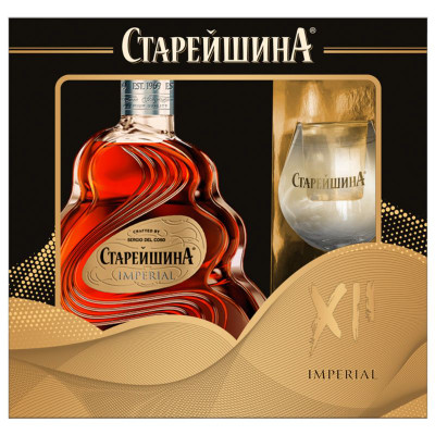 Изображение товара Коньяк Старейшина Imperial КС двенадцатилетний оригинал в наборе с бокалом, 500мл