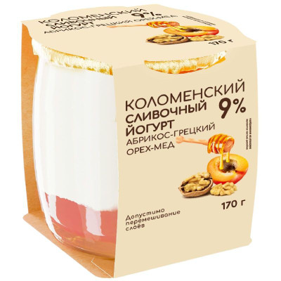 Изображение товара Йогурт сливочный Коломенское Абрикос-Грецкий Орех-Мёд 9%, 170г