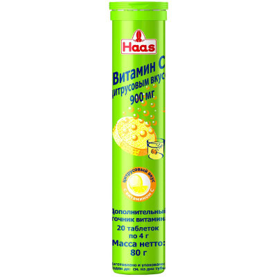 Изображение товара БАД к пище Haas Витамин С 900мг с цитрусовым вкусом, 20табл