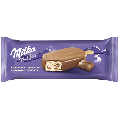 Изображение товара Эскимо Milka сливочное ванильное с шоколадным соусом в молочном шоколаде 8%, 62г