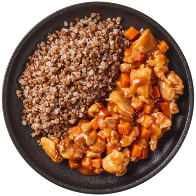 Изображение товара Гуляш из курицы с овощами с гречкой отварной Перекрёсток Select, 240г