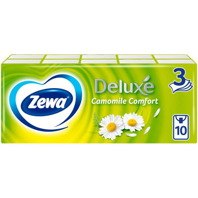 Изображение товара Платки носовые бумажные Zewa Deluxe Ромашка 3 слоя, 10x10шт