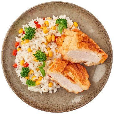 Изображение товара Шницель по-министерски с рисом и овощами Перекрёсток Select, 300г