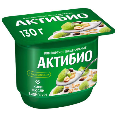 Изображение товара Биойогурт Актибио с киви и мюсли обогащенный бифидобактериями 3%, 130г