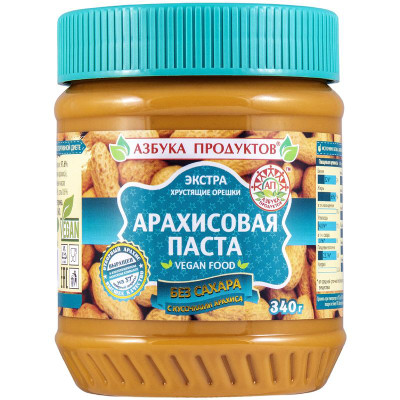 Изображение товара Арахисовая паста Азбука Продуктов Экстра без сахара с кусочками арахиса, 340г