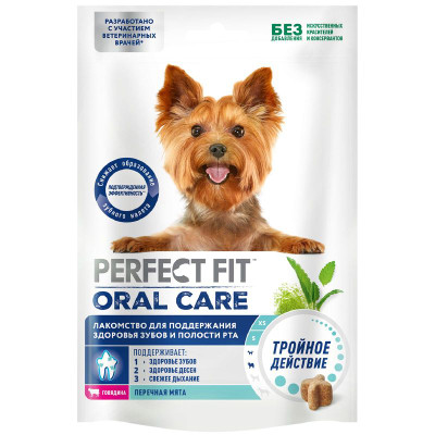 Изображение товара Лакомство Perfect Fit Oral Care для здоровья зубов и полости рта с говядиной и мятой для собак мелких и миниатюрных пород, 90г