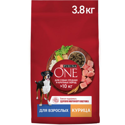 Изображение товара Сухой корм Purina One для собак средних и крупных пород с курицей и рисом, 3.8кг