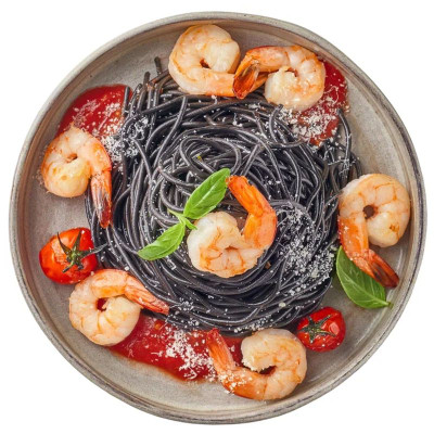 Изображение товара Спагетти Неро с креветками в томатном соусе Перекрёсток Select, 280г