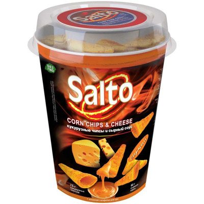 Изображение товара Чипсы кукурузные Salto со вкусом сыра начо, 75г + соус + гигиеническая салфетка