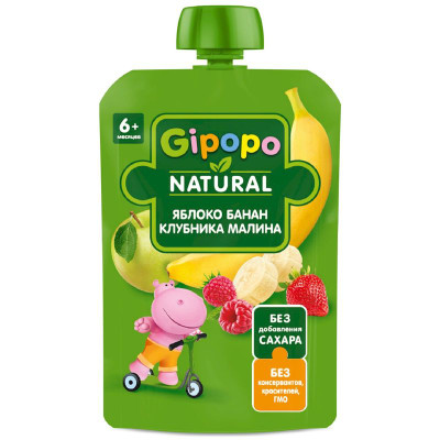 Изображение товара Пюре детское Gipopo Яблоко-Банан-Клубника-Малина с 6 месяцев, 90г