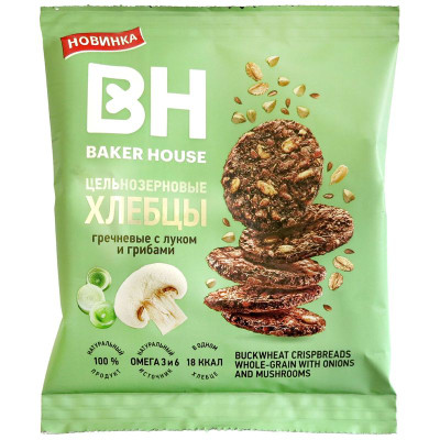 Изображение товара Хлебцы Baker House цельнозерновые гречневые с луком и грибами, 50г