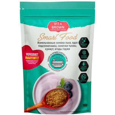 Изображение товара Смесь Vita Brown Smart Food Семена льна, ядра подсолнечника, семечки тыквы, кунжут, ягоды годжи измельчённые, 160г