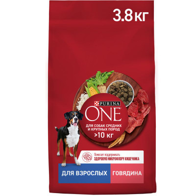Изображение товара Сухой корм Purina One для собак средних и крупных пород с говядиной и рисом, 3.8кг