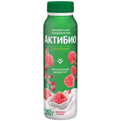 Изображение товара Биойогурт Актибио с малиной и гранатом обогащенный бифидобактериями 1.5%, 260г