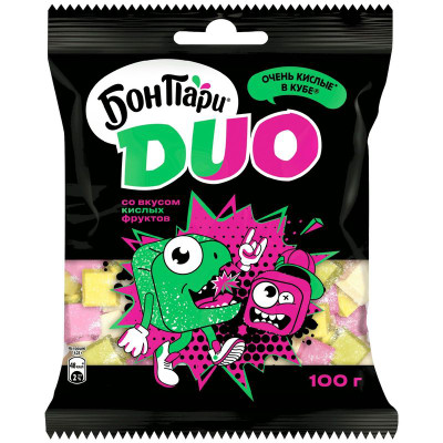 Изображение товара Маршмеллоу Бон Пари Дуо Очень кислые в кубе со вкусом кислых фруктов, 100г