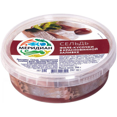 Изображение товара Сельдь Меридиан филе-кусочки в красной-винной заливке, 280г