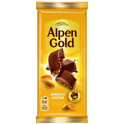 Изображение товара Шоколад Alpen Gold молочный с арахисом и кукурузными хлопьями, 80г