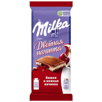 Изображение товара Шоколад Milka молочный с двухслойной вишнёвой и нежной начинкой, 80г