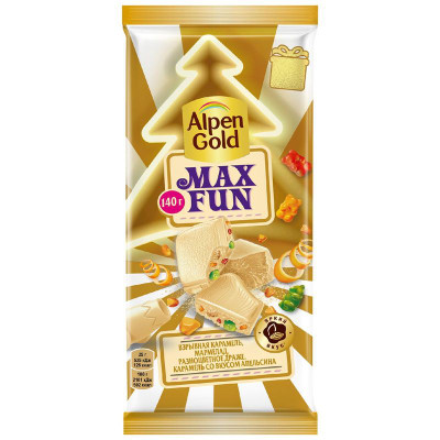 Изображение товара Шоколад белый Alpen Gold Maxfun взрывная карамель-мармелад-шоколадное драже-апельсин, 140г