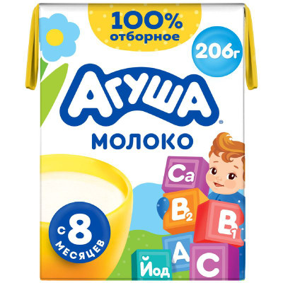 Изображение товара Молоко Агуша обогащенное витаминами А/С/В1/В2 йодом с 8 месяцев 2.5%, 200мл