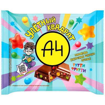 Изображение товара Молочная плитка А4 кондитерская крошка печенья-кукурузные шарики-мермелад со вкусом тутти-фрутти, 55г