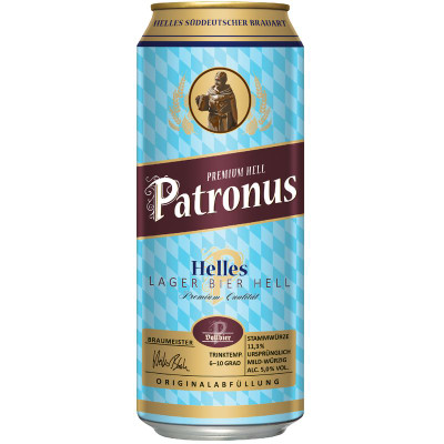 Изображение товара Пиво Patronus Helles светлое фильтрованное 5%, 500мл
