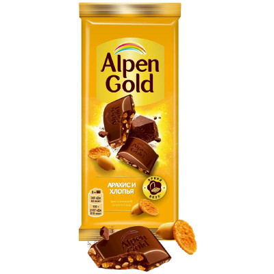 Изображение товара Шоколад Alpen Gold молочный с арахисом и кукурузными хлопьями, 80г