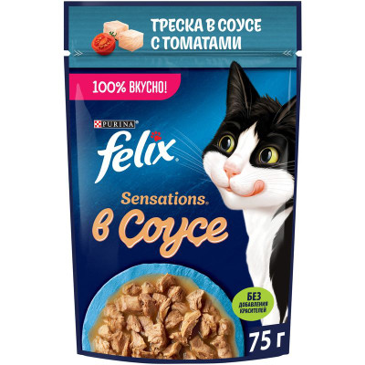 Изображение товара Влажный корм для кошек Felix Sensations с треской в соусе с томатами, 75г