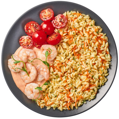Изображение товара Паста орзо с креветками в сливочно-томатном соусе Перекрёсток Select, 250г