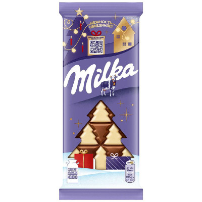 Изображение товара Шоколад молочный Milka с белым шоколадом в виде ёлочек, 73г