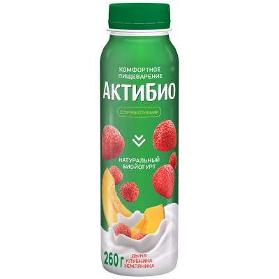 Изображение товара Биойогурт Актибио с дыней клубникой и земляникой обогащенный бифидобактериями 1.5%, 260г