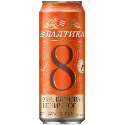 Изображение товара Пиво Балтика Пшеничное №8 светлое нефильтрованное неосветлённое пастеризованное 5%, 450мл