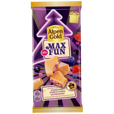 Изображение товара Шоколад Alpen Gold Maxfun Ягодный Микс c фруктово-ягодными кусочками, взрывной карамелью и шипучими шариками, 140г