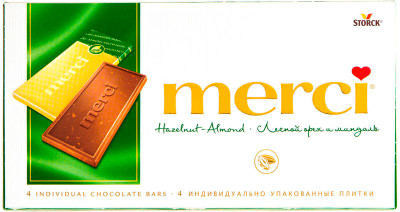 Изображение товара Шоколад молочный Merci с лесным орехом и миндалём, 100г