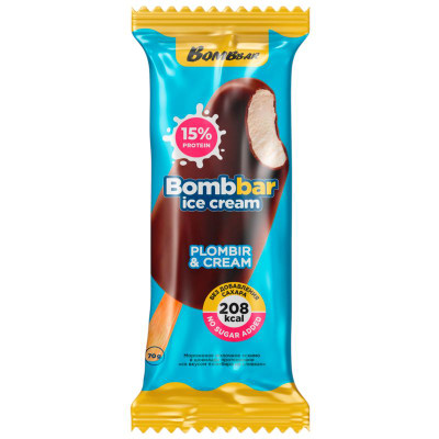 Изображение товара Мороженое Bombbar со вкусом пломбира на сливках молочное эскимо в шоколаде протеиновое 6%, 70г