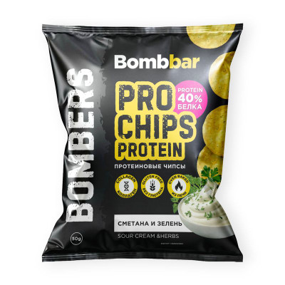 Изображение товара Чипсы Bombbar цельнозерновые протеиновые со вкусом сметана и зелень, 50г