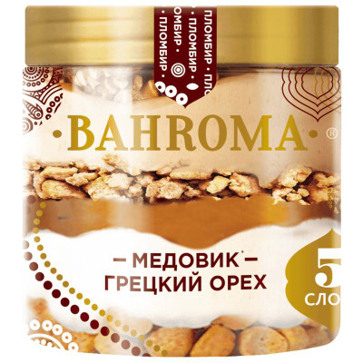 Изображение товара Мороженое Bahroma Медовик пломбир с грецким орехом, печеньем и фундучным пралине 12%, 320г