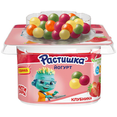Изображение товара Йогурт Растишка с клубникой 3% злаковое драже в цветной глазури со вкусом банан-апельсин, 116г