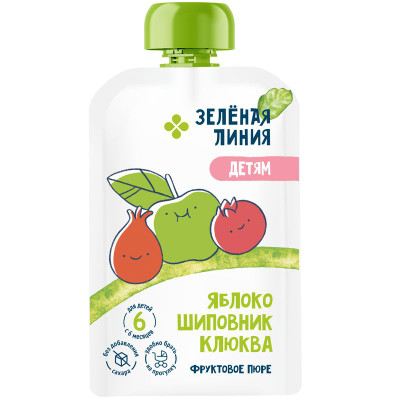 Изображение товара Пюре из яблок шиповника и клюквы с 6 месяцев Зелёная Линия, 90г