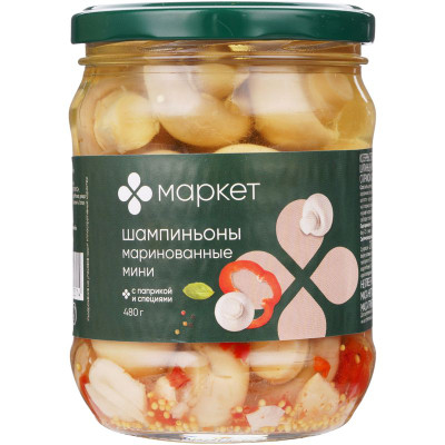Изображение товара Шампиньоны маринованные мини с паприкой и специями Маркет, 480г
