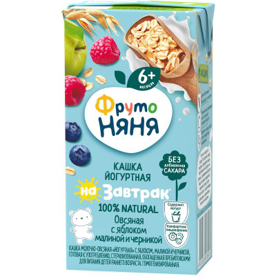 Изображение товара Каша ФрутоНяня молочно-овсяная йогуртная с яблоком малиной и черникой с 6 месяцев, 200мл