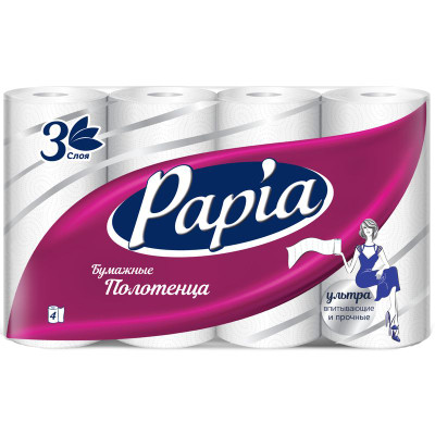Изображение товара Полотенца бумажные Papia 3 слоя, 4шт