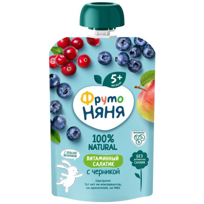 Изображение товара Пюре ФрутоНяня Витаминный Салатик из яблок черники клюквы и брусники для питания детей, 90г