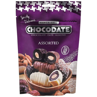 Изображение товара Конфеты Chocodate Ассорти фиников с миндалём в молочном белом и тёмном шоколаде с начинкой, 100г